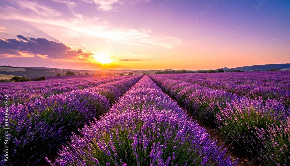 Obraz premium Beautiful Sunset over a Vibrant Lavender Field in Bloom.