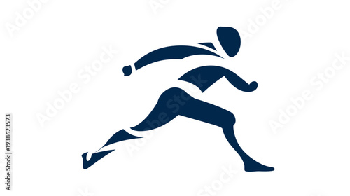 A stylized dark blue runner icon, depicting motion against a white background
