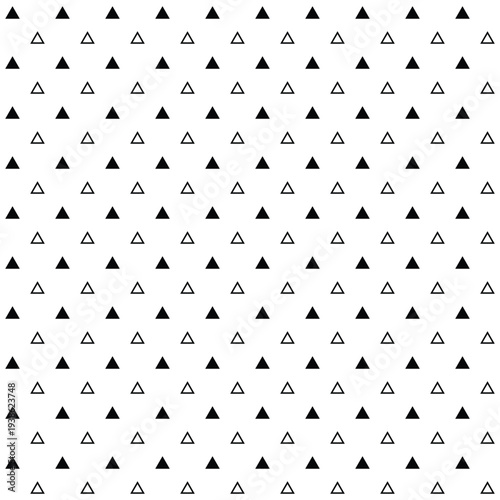 Minimal seamless pattern with black triangles arranged on white isolated background. Simple geometric repeating design ideal for textiles, wallpapers, packaging, branding, and modern graphic projects.