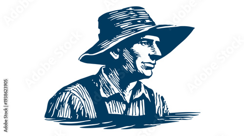 A linocut-style illustration of a man wearing a wide-brimmed hat, looking off to the side