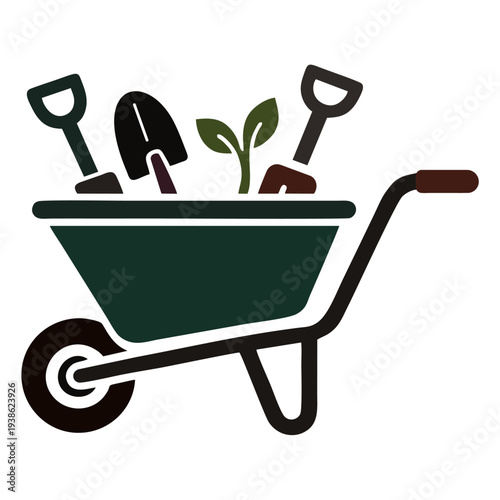 Gardening Wheelbarrow with Tools and Plant Icon – Garden Work Vector Illustration