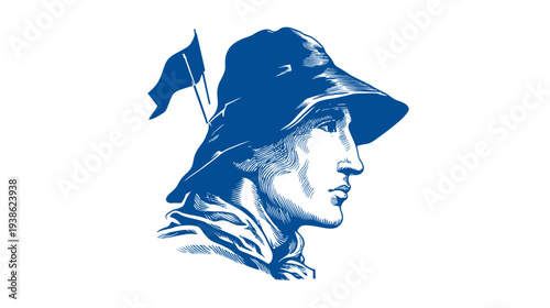 A blue-toned side profile portrait of a person with a wide hat and a flag on a white background