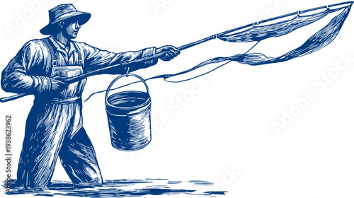 A man in overalls and a hat stands in water, holding a net and bucket. Blue and white, line art