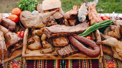 Smoked meat and sausages platter with ribs, roasted poultry and vegetables for a traditional outdoor feast