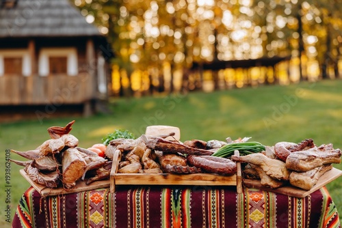 Rustic outdoor table with smoked meats and sausages on traditional cloth in countryside autumn