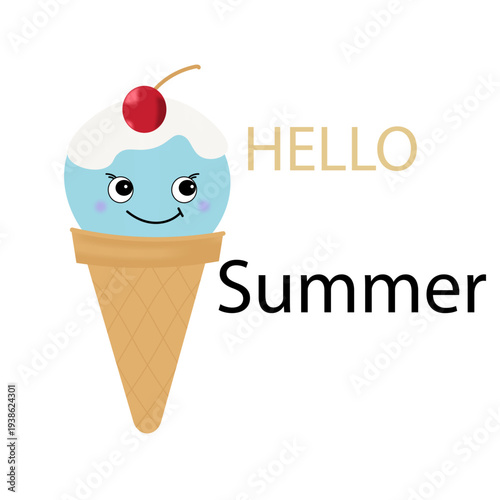 Cute ice cream character with happy face, summer dessert vector, Hello Summer banner