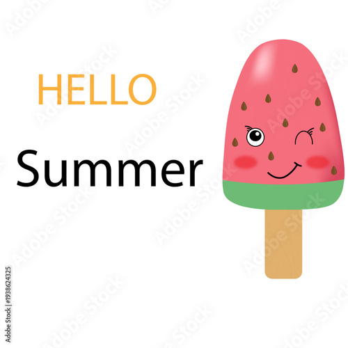 Cute ice cream character with happy face, summer dessert vector, Hello Summer banner
