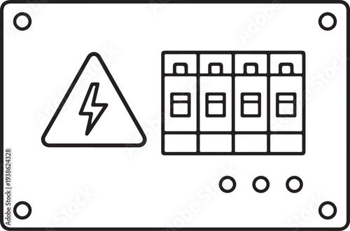 Electrical Control Panel with Circuit Breakers and High Voltage Warning Line Art