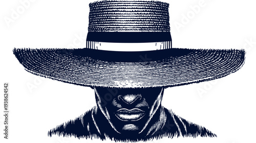 A person with dark skin wears a large brimmed hat, with details in navy on a white background