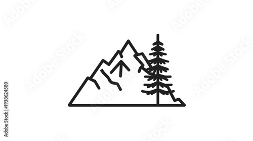 Minimalist black outline of mountains with an arrow and a conifer tree on a white background
