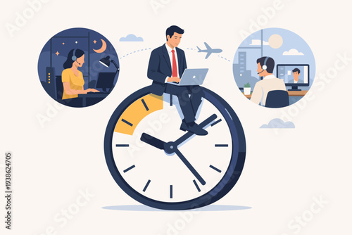 Businessman sitting on a large clock working on a laptop with colleagues in different time zones, day and night shifts, global business concept, 24/7 customer support and remote teamwork.