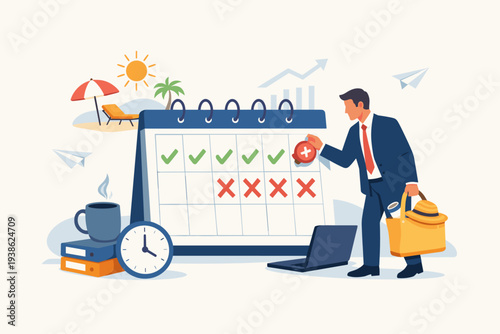 Businessman Planning a 4 Day Work Week on a Large Calendar to Increase Productivity and Efficiency, Flexible Working Hours Concept for Employee Well-being and Better Work-Life Balance Vector.