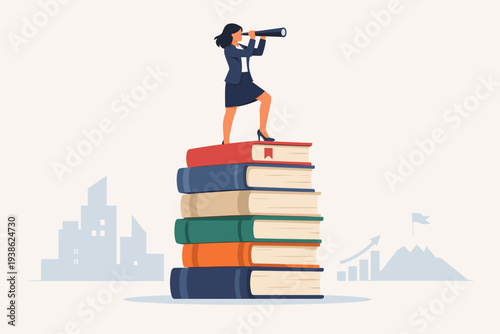 Businesswoman standing on a stack of books looking through a telescope for career advancement and business vision. Knowledge and education leading to success, professional growth, and future.