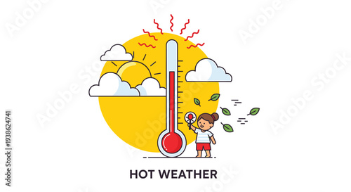 Vector illustration of hot weather with thermometer and child