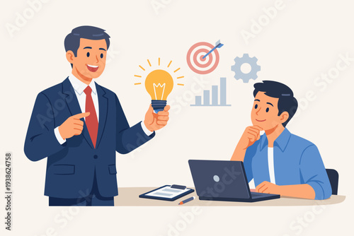 Professional mentor sharing a creative business idea or innovative solution with a young employee at a desk. Concept of leadership, coaching, problem-solving, and professional development.