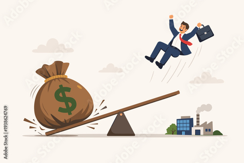 Happy businessman launched into the air by a large money bag landing on a seesaw, representing venture capital funding, startup investment, financial support, business loan, and economic growth.
