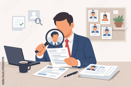 HR Manager Reviewing Candidate Resumes with Magnifying Glass for Recruitment and Talent Acquisition, Human Resources Hiring Process for Job Employment, Professional Career Search Illustration