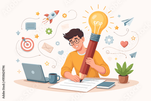Creative Young Man Copywriter or Blogger Writing with a Giant Lightbulb Pencil Representing Idea Generation, Inspiration, and Imagination for Successful Content Creation and Productive Work.