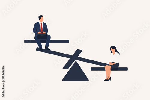 Gender Inequality and Discrimination Concept with Man and Woman on Unequal Seesaw. Business Career Imbalance, Wage Gap, and Social Rights Issue in Professional Workplace Environment.