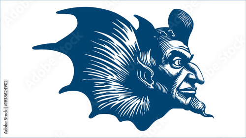 A dark blue illustration of a demonic profile, featuring a long nose and bat-like wings