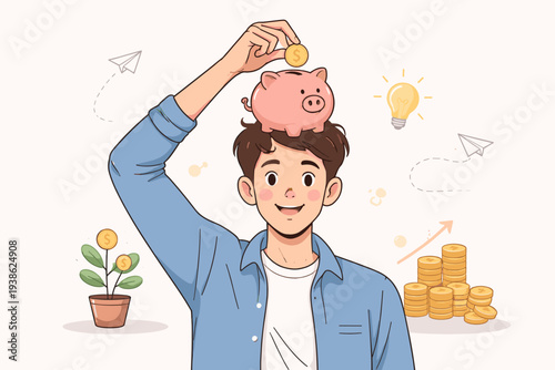Vector illustration of a young man putting a gold coin into a piggy bank on his head, representing the pay yourself first concept, financial planning, personal savings, and investing in growth.