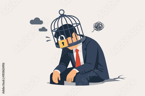 Businessman with head trapped in a locked birdcage, representing mental health issues, burnout, creative block, fear of challenge, bias, ego, feeling powerless, and lack of freedom in the workplace