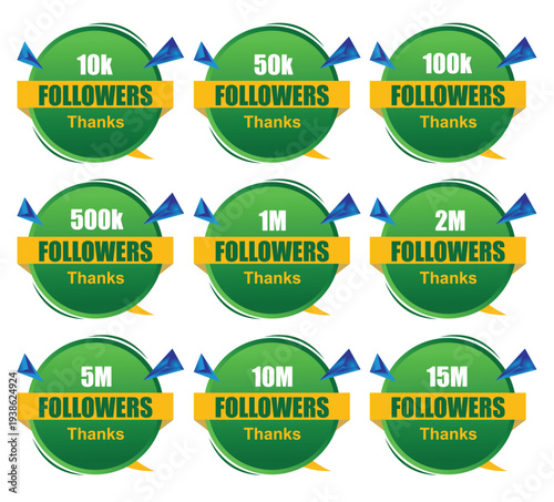 Social media follower badges with different milestone numbers green and yellow design
