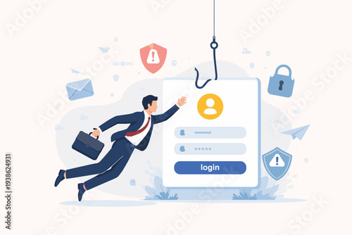 Phishing Attack and Cyber Security Concept: Businessman Lured by Fake Login Screen on a Fishing Hook to Steal Username and Password, Representing Identity Theft, Data Breach and Online Fraud