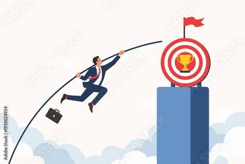 Businessman vaulting with a pole towards a bullseye target and golden trophy on a high pillar above the clouds. Concept of achieving business goals, overcoming challenges, and career success.