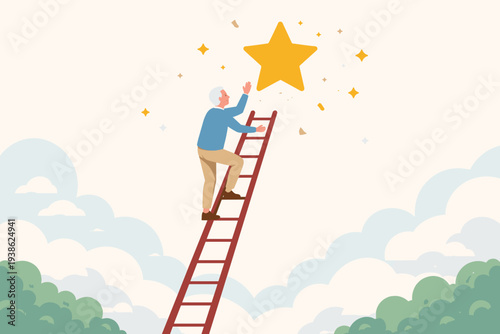 Senior Man Climbing a Ladder to Reach a Bright Star in the Sky, Representing Retirement Success, Pension Fund Goals, Financial Planning, and Achieving Life Ambitions in Old Age Vector Illustration.