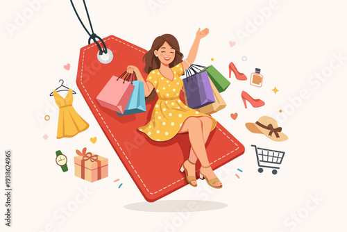 Happy Young Woman Sitting on a Giant Red Price Tag Holding Shopping Bags and Surrounded by Fashion Items Like Clothes, Shoes, and Accessories; Concept for Retail Sale, Discount, and Consumerism