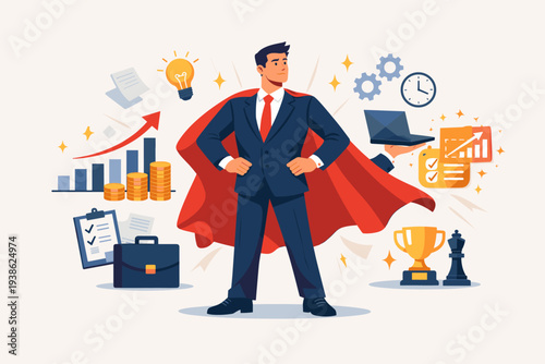 Superhero Businessman in Suit and Red Cape Standing Confidently with Business Icons for Growth, Strategy, and Success; Concept of Leadership, Professional Power, and Multitasking Achievement.