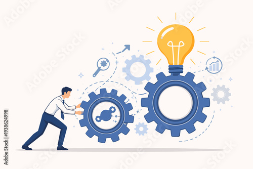 Businessman pushing large mechanical gears to generate a bright lightbulb idea, representing system development, innovation, creative solutions, business efficiency, and strategic progress.