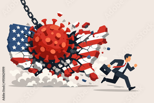 COVID-19 Coronavirus Pandemic Impact Concept with Virus Wrecking Ball Smashing USA Map Wall and Businessman Running from Economic Crisis, United States Healthcare and Financial Failure Vector