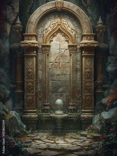 Ornate stone arch stands inside a dark mountain cave. Ancient portal features golden carvings and a central pedestal with a sphere.