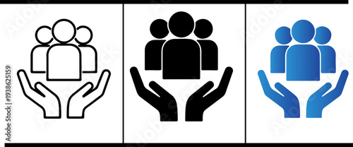 Hands holding a group of people symbolizing community support, care and social responsibility. Teamwork and protection concept vector illustration.eps