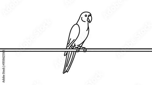 A monochrome illustration of a bird perched on a branch