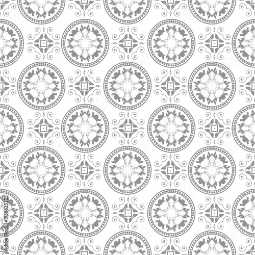 Elegant Monochrome Filigree Tile Pattern, features alternating rows of circular medallions, suitable for luxury packaging, wedding stationery, interior wall coverings, and high-end textile prints
