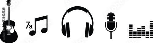 A minimalist black and white vector icon set featuring an acoustic guitar, musical note, headphones, microphone, and sound equalizer.