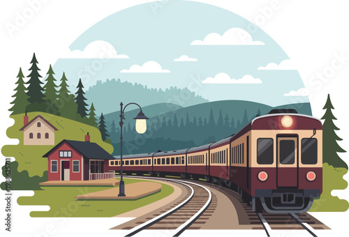 Vector illustration of a train on tracks with a station and mountains