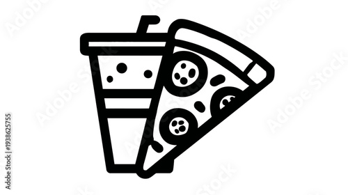 A black and white line art illustration of a pizza slice and a drink cup with a straw