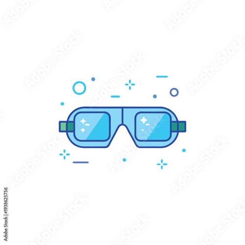 Blue swimming goggles with green straps and bubbles around  diving equipment