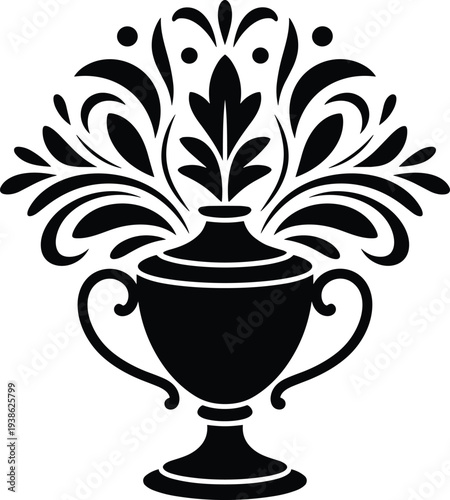 A minimalist black and white vector illustration of an ornamental trophy urn with decorative floral flourishes isolated on white.