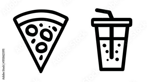 Black-line art of a pizza slice and a drink with a straw, both on a white background