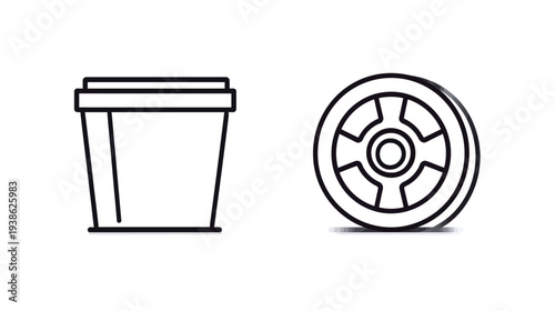 Two minimalistic black-lined objects on white background, one cup-like, one circular with a pattern