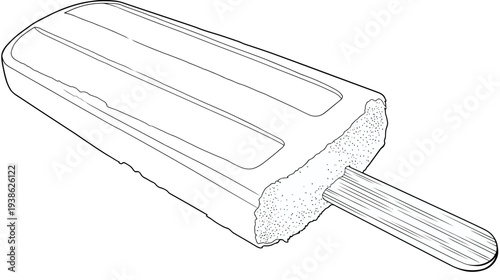 A black and white line drawing of a popsicle, partially eaten, with a wooden stick