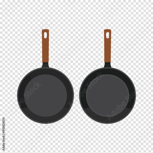 Two black frying pans with wooden handles placed side by side Vector