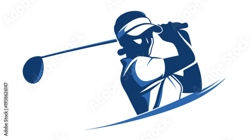 A golfer in a blue and white design, mid-swing. The club is raised. A visor on the head