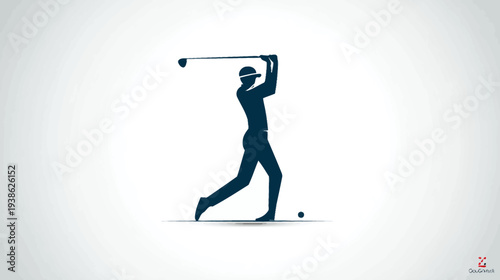 A silhouette of a golfer in mid-swing with a golf club and ball against a white backdrop