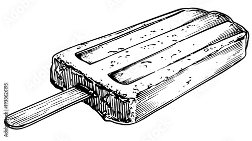 A black and white illustration of a rectangular frozen treat on a stick
